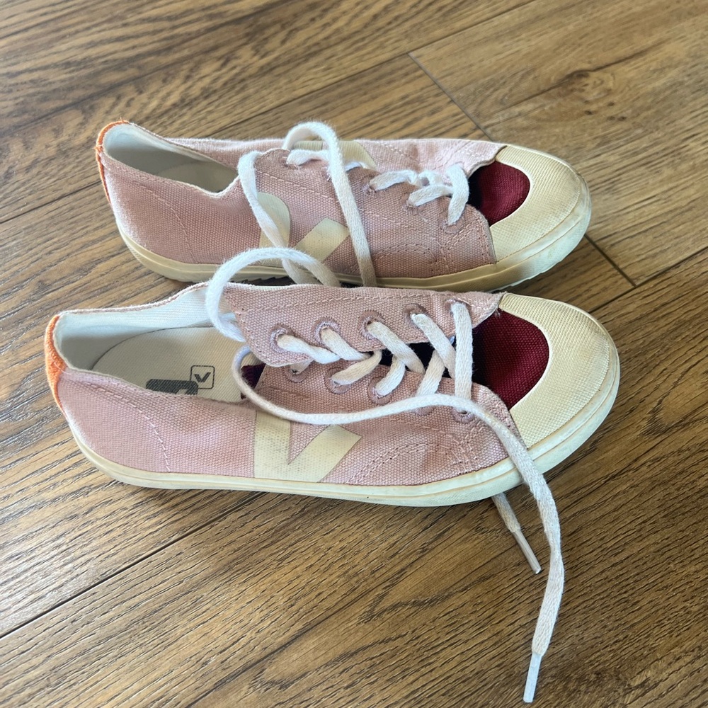 Veja Kids Pink Canvas Sneakers with Red Toe Cap and Cream V Logo